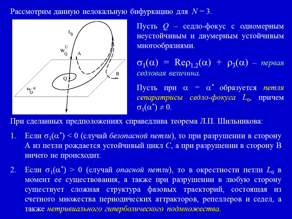 Рассмотрим данную нелокальную бифуркацию для N = 3. Пусть Q – седло-фокус с одномерным